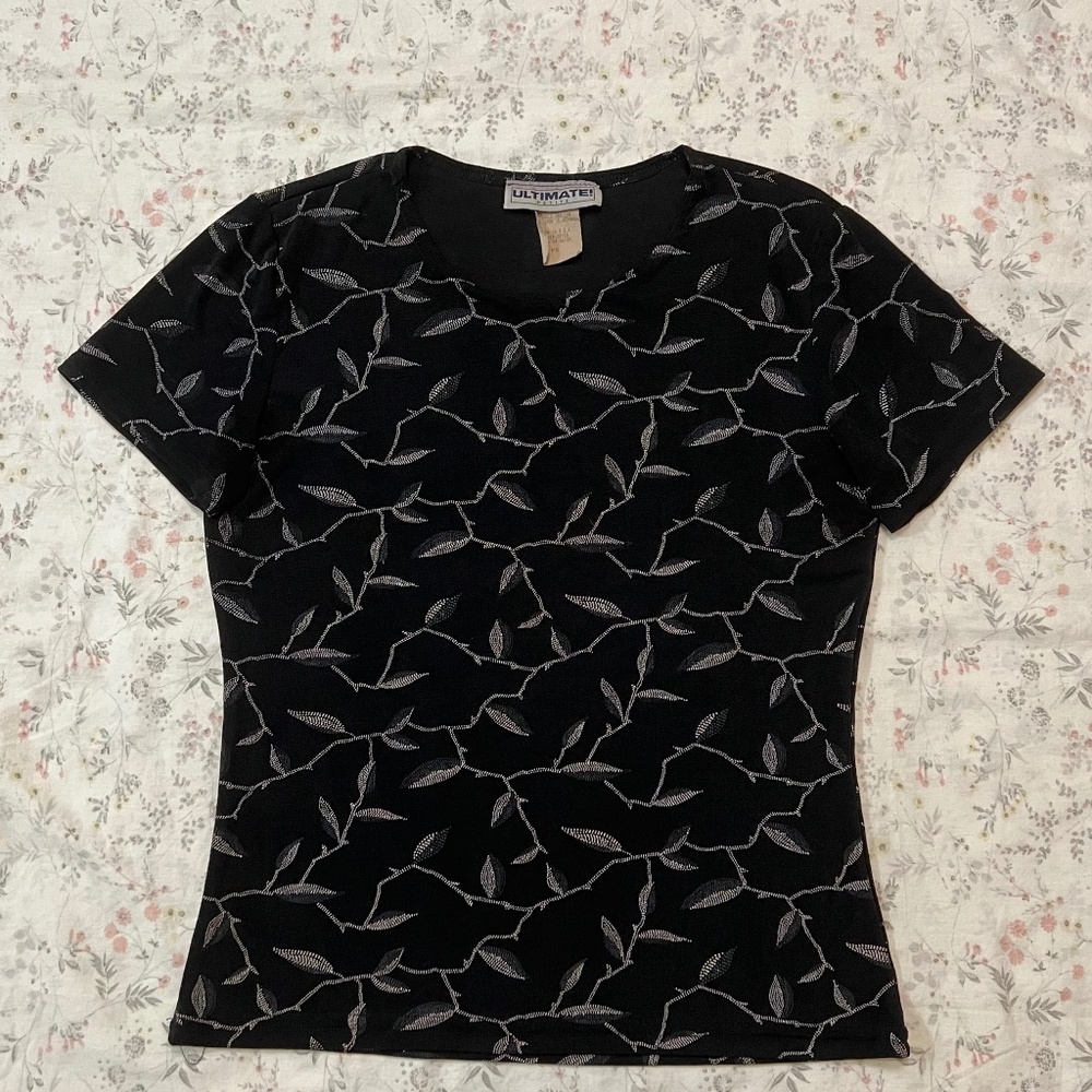 Vintage 90s Black Mesh Baby Tee Floral Grunge Skater Emo